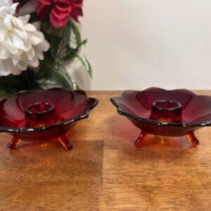 Vintage Fenton Dark Ruby Red Amberina Cadmium Glass Lotus Petal Candle Holder Pa